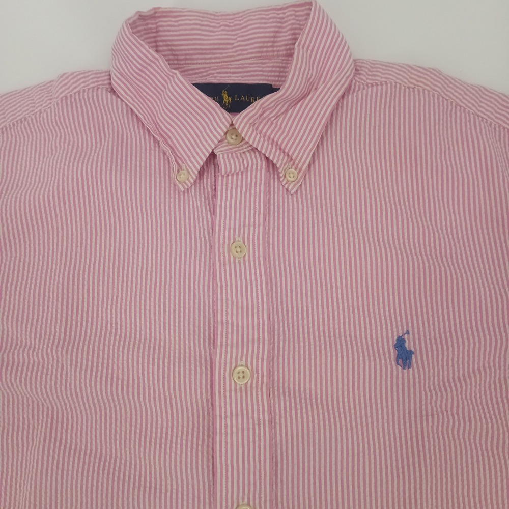 Ralph Lauren Mens Pink White Seersucker Stripe Short Sleeve Button Down Shirt M